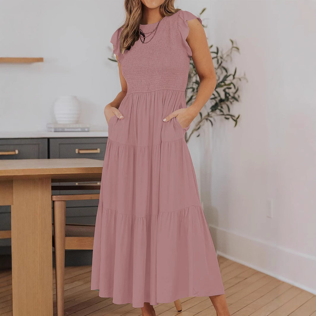 Solid Color Pleated Waist Casual Midi Dress 6
