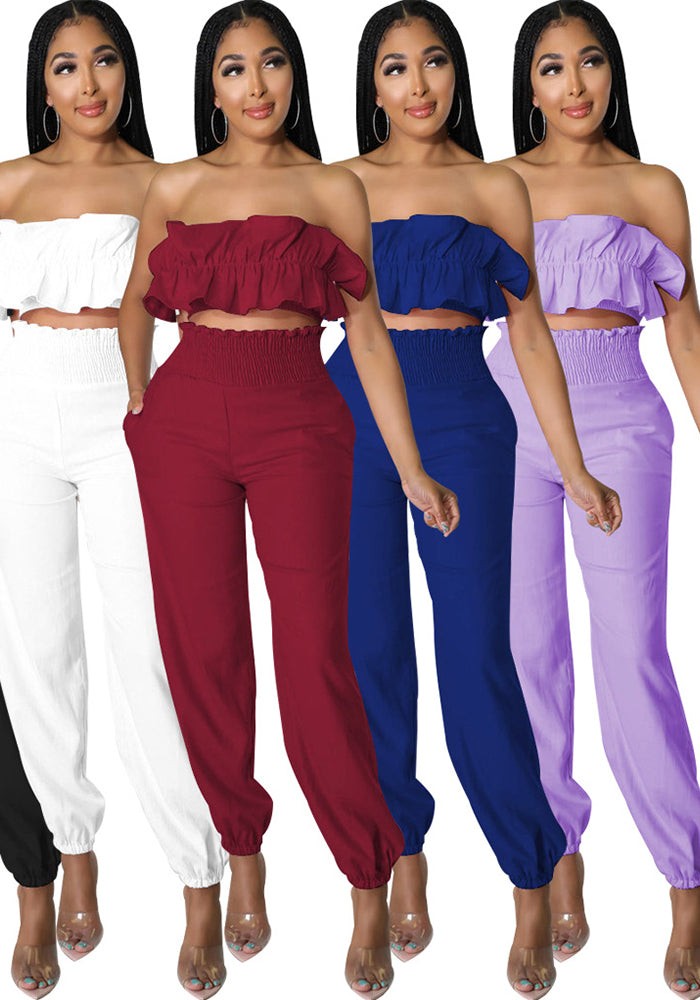 Sexy Fashion Elastic Solid Color Strapless Two-Piece Pants Set