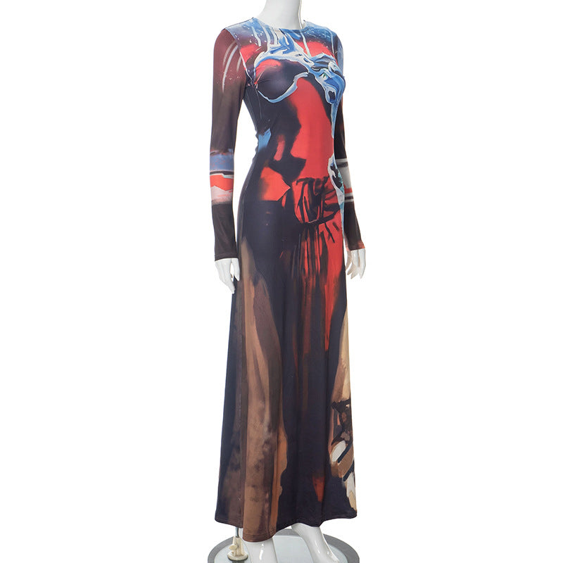 Women Autumn and Winter Street Sexy Bodycon Printed Maxi Dress 6