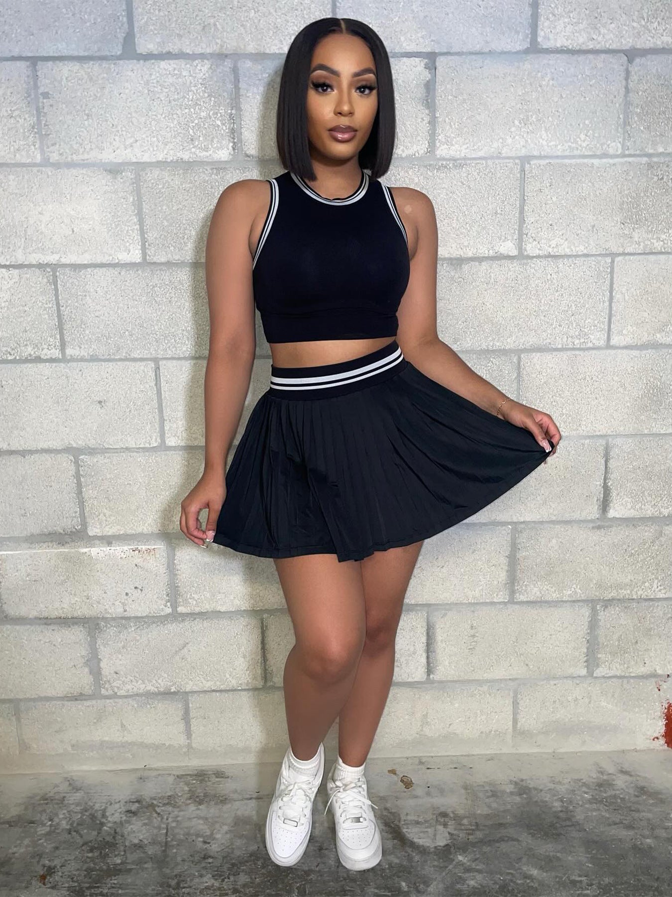 Women Sleeveless Crop Top Pleated Skirt Sports Two-piece Set 4