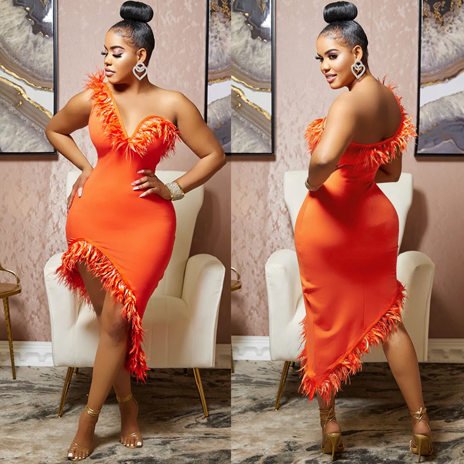 Solid color V-neck sleeveless feather irregular skirt dress 5