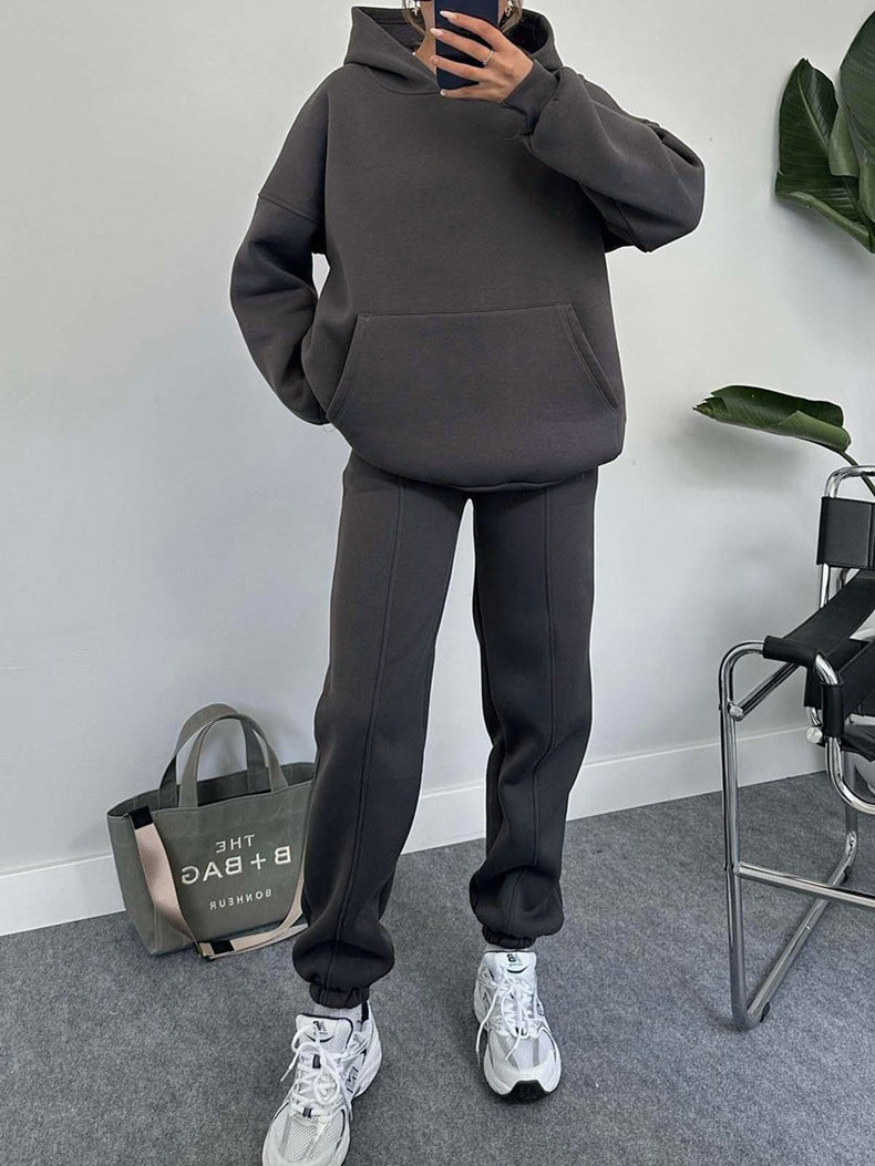 Autumn and winter solid color fleece Hoodies pants two-piece fashionable casual set 6