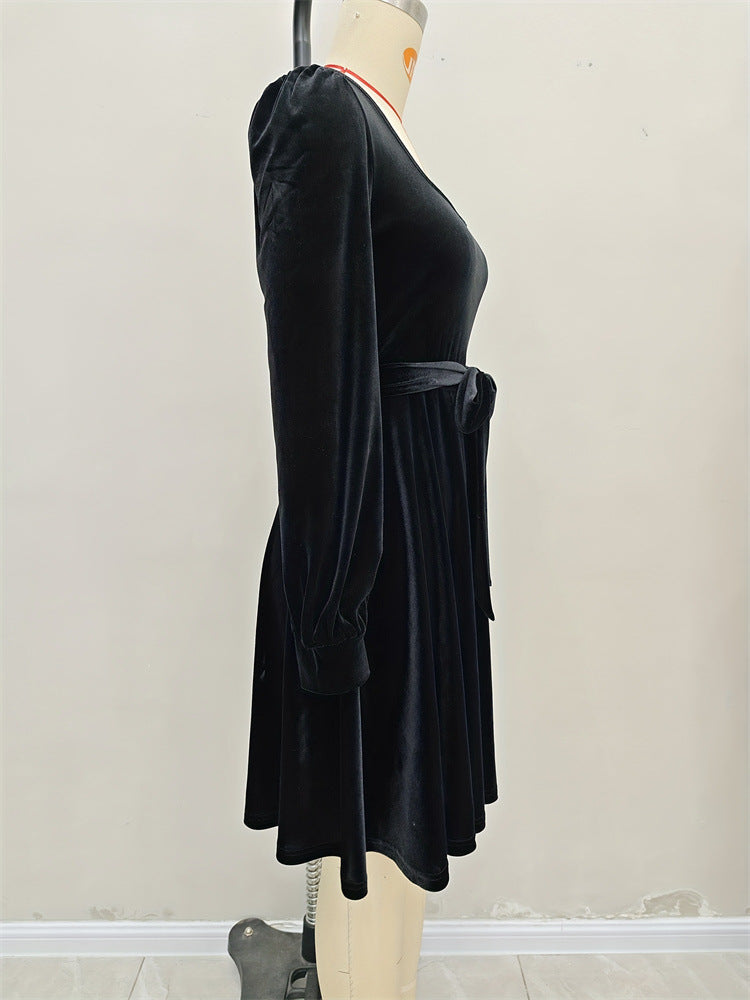 Women's Elegant Velvet Square Neck Slim Waist Long-Sleeved Dress 5