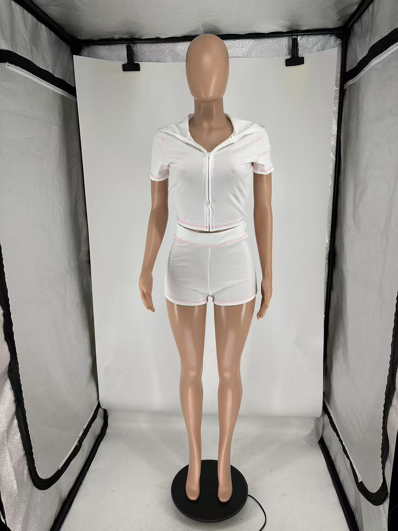 Summer Zipper Hooded High Stretch Sports Casual Short Sleeve Two Piece Shorts Set 12