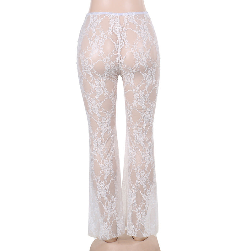 High-Waisted Lace See-Through Bow Trousers Straight-Leg Pants 11
