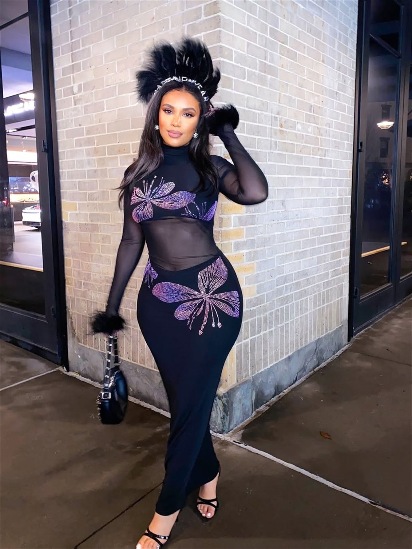 Fashion Print Mesh See-Through Fur Patchwork Slim Sexy Long Dress