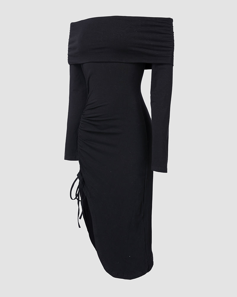 Fashionable Solid Color Off-Shoulder Drawstring Gathered Side-Open Dress 4