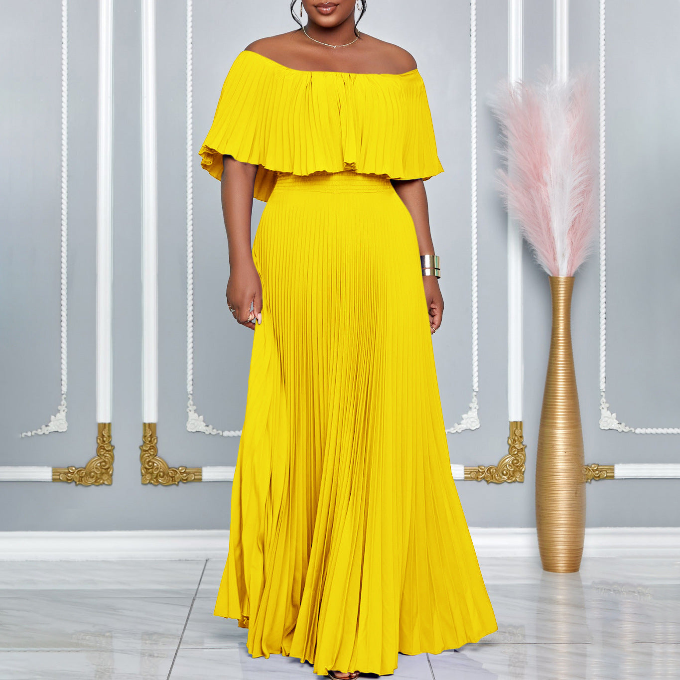 Women Sexy Off Shoulder Off Shoulder Pleated Maxi Dress 4
