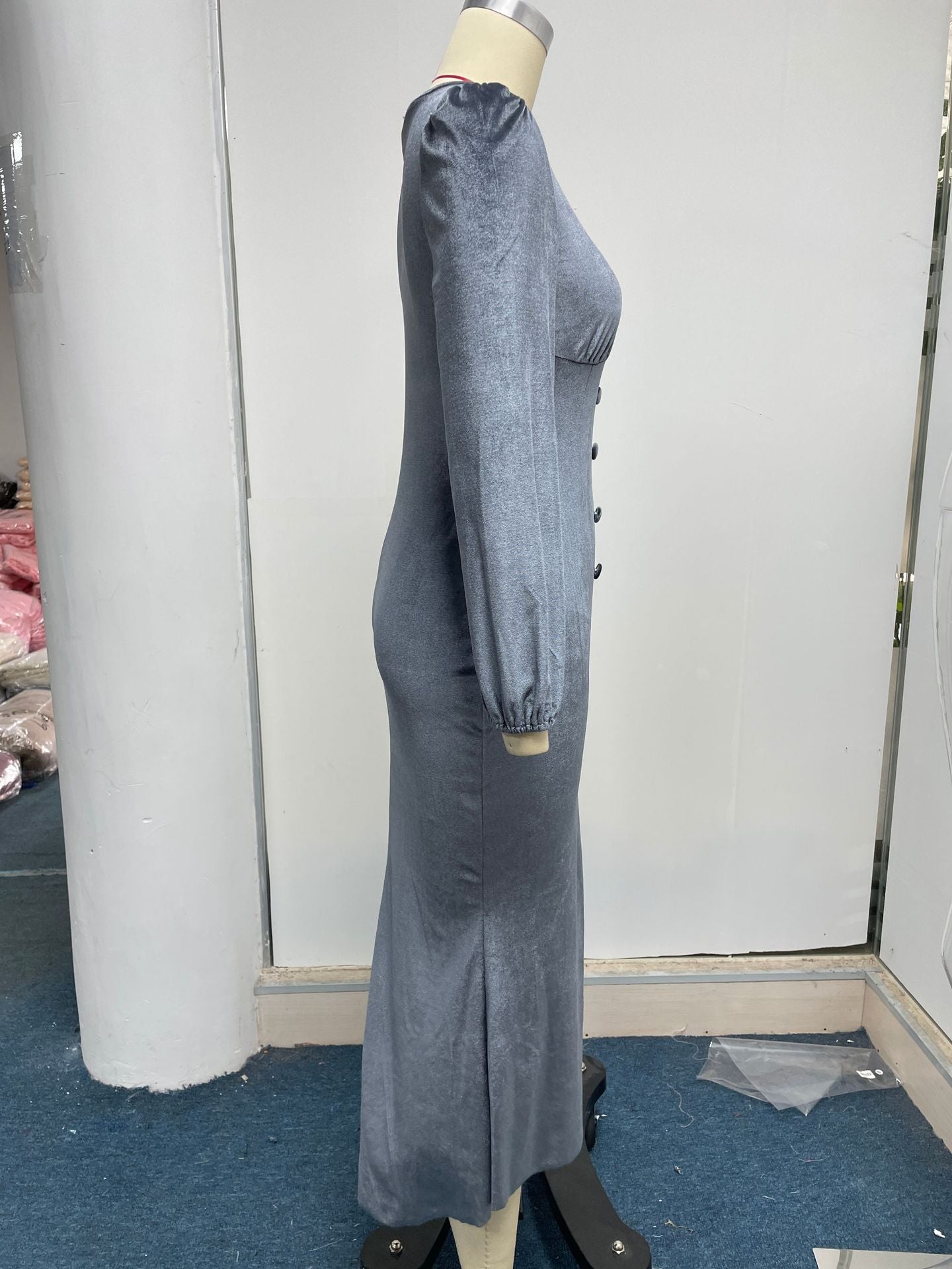 Women Autumn Knittingv Collar Solid Padded Shoulder Long Sleeve Slit Evening Dress 39