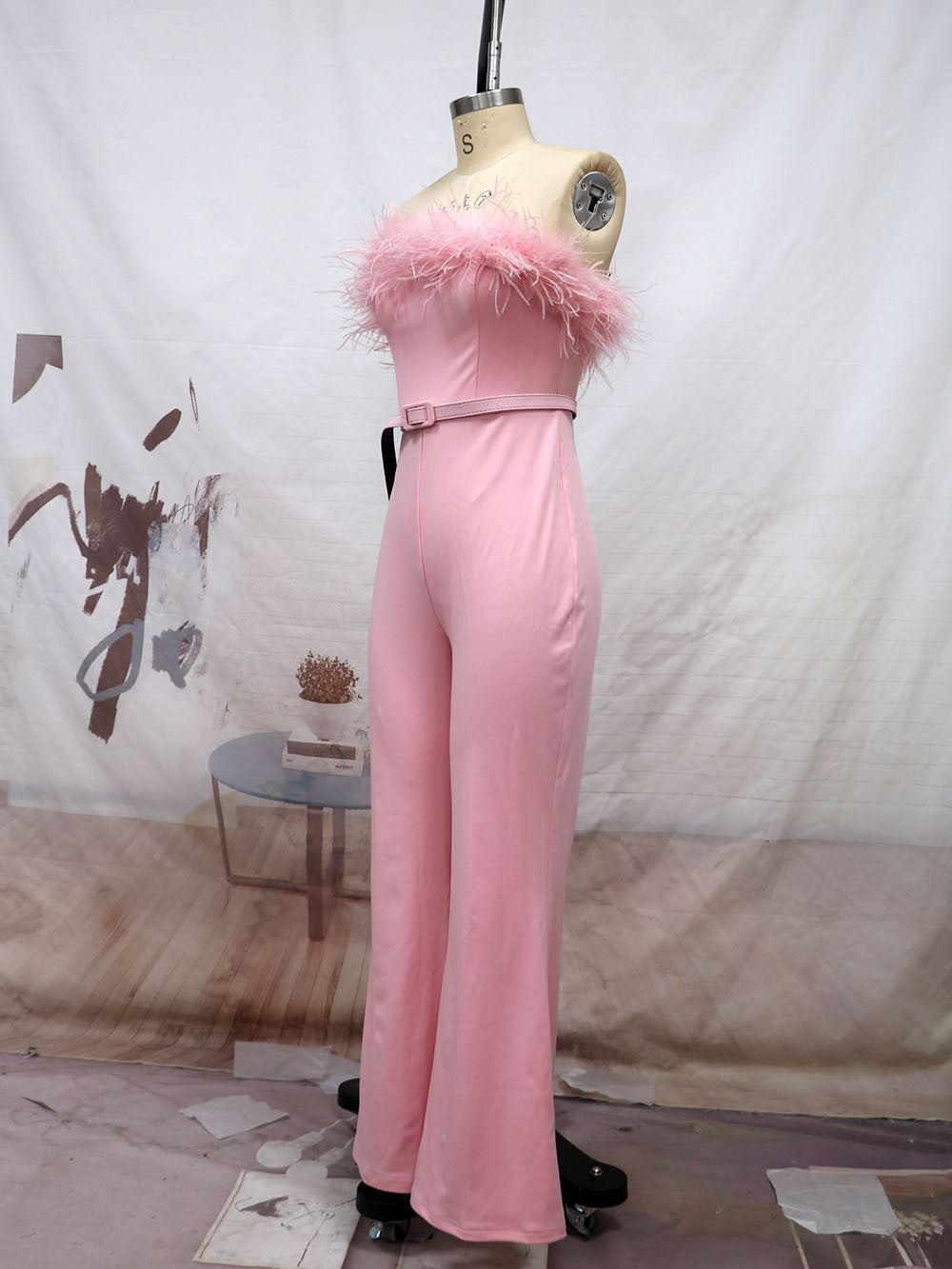 Women's Strapless Fur Belted Slim Jumpsuit 8