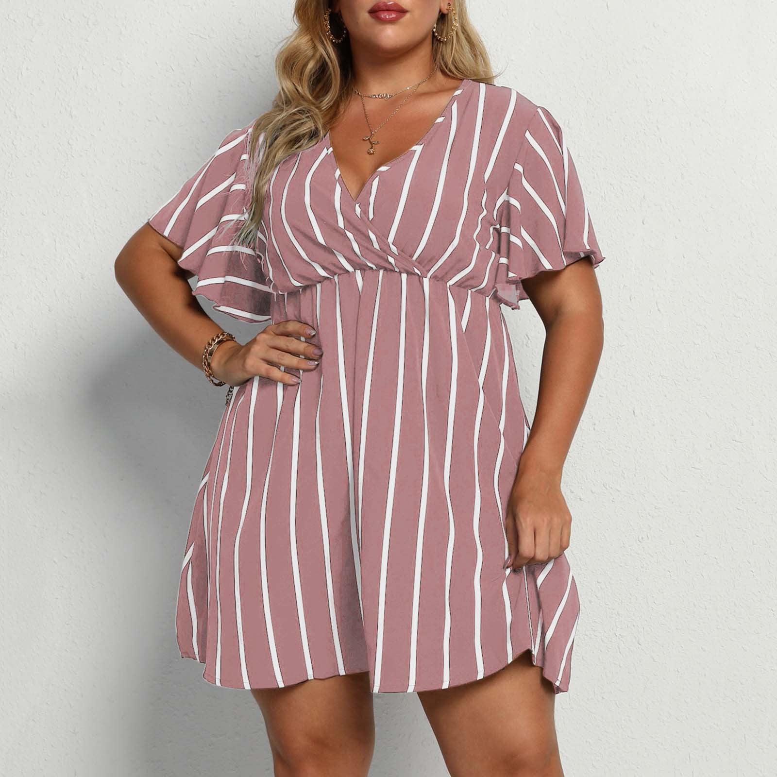 Plus Size Women Striped V-Neck Short Sleeve Loose Bohemian Dress 13
