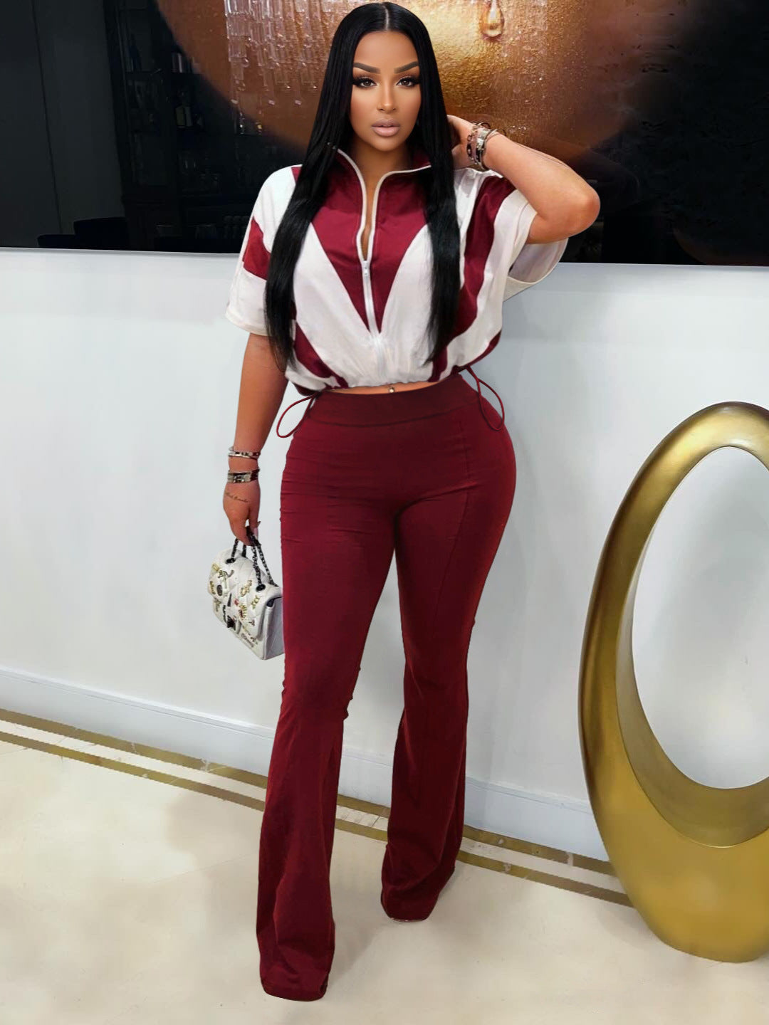 Casual Elastic Slim Waist Color Block Patchwork Sports Two Piece Pants Set for Women 9