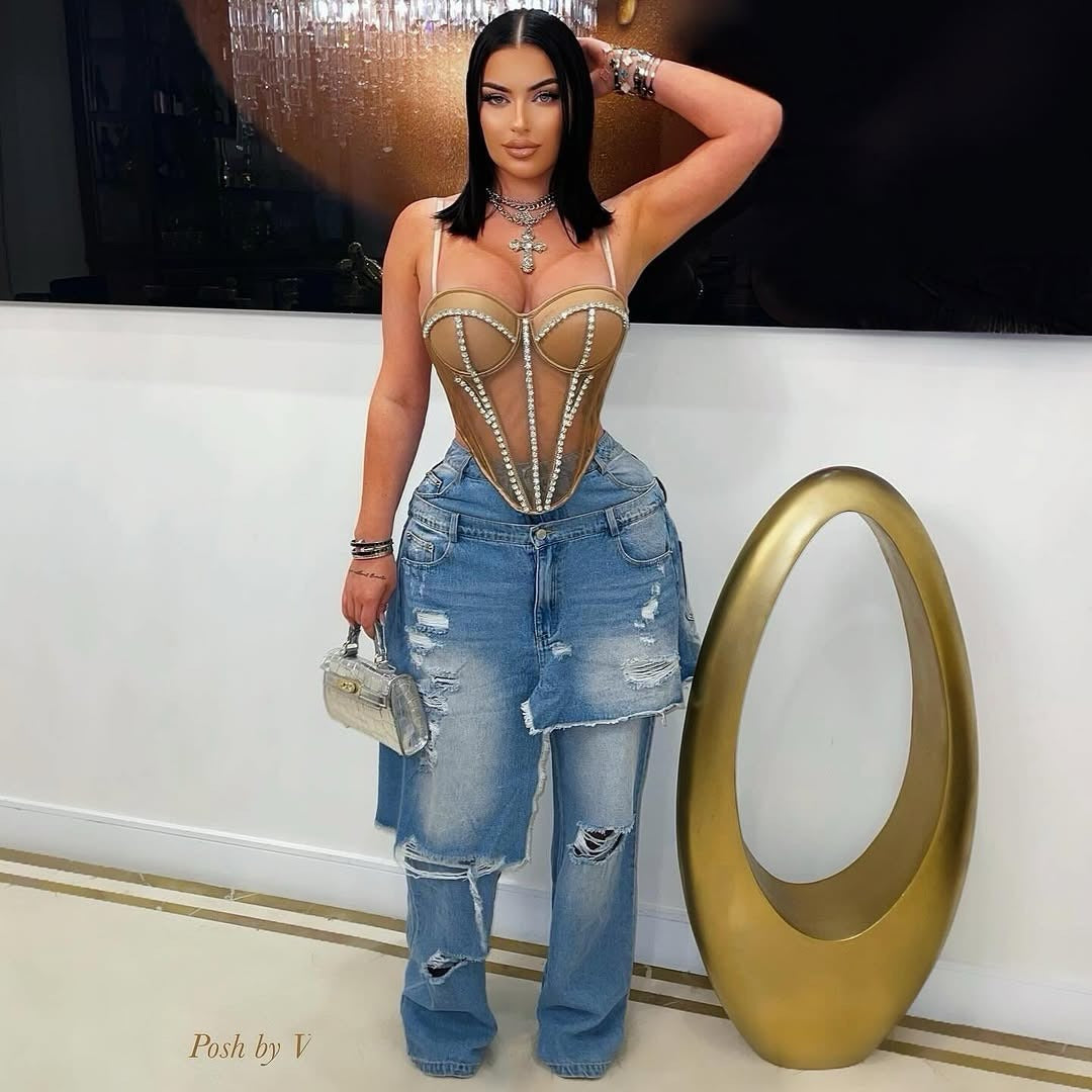 Autumn Winter Women's Fashion Denim Distressed Patchwork Destroyed Loose Straight Leg Pants 7