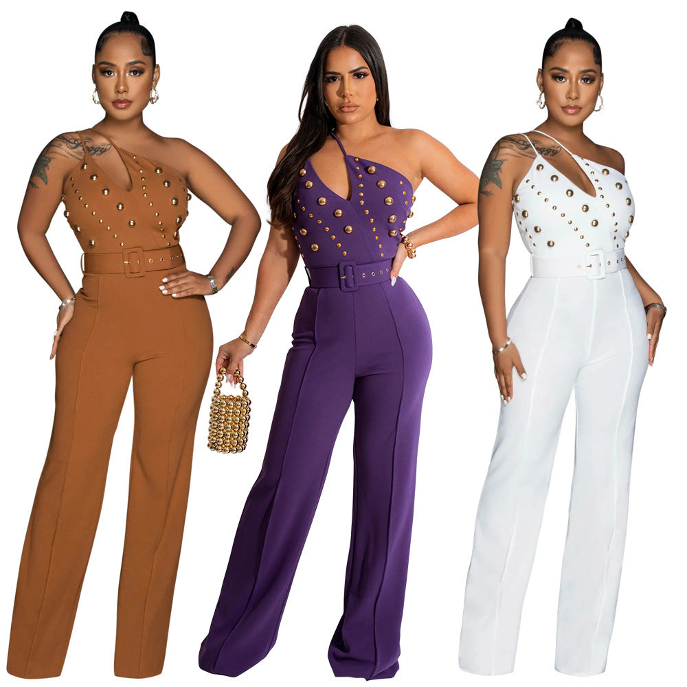 Women's Style Fashionable Solid Color Jumpsuit Slim One Shoulder One Piece Wide Leg Pants 7