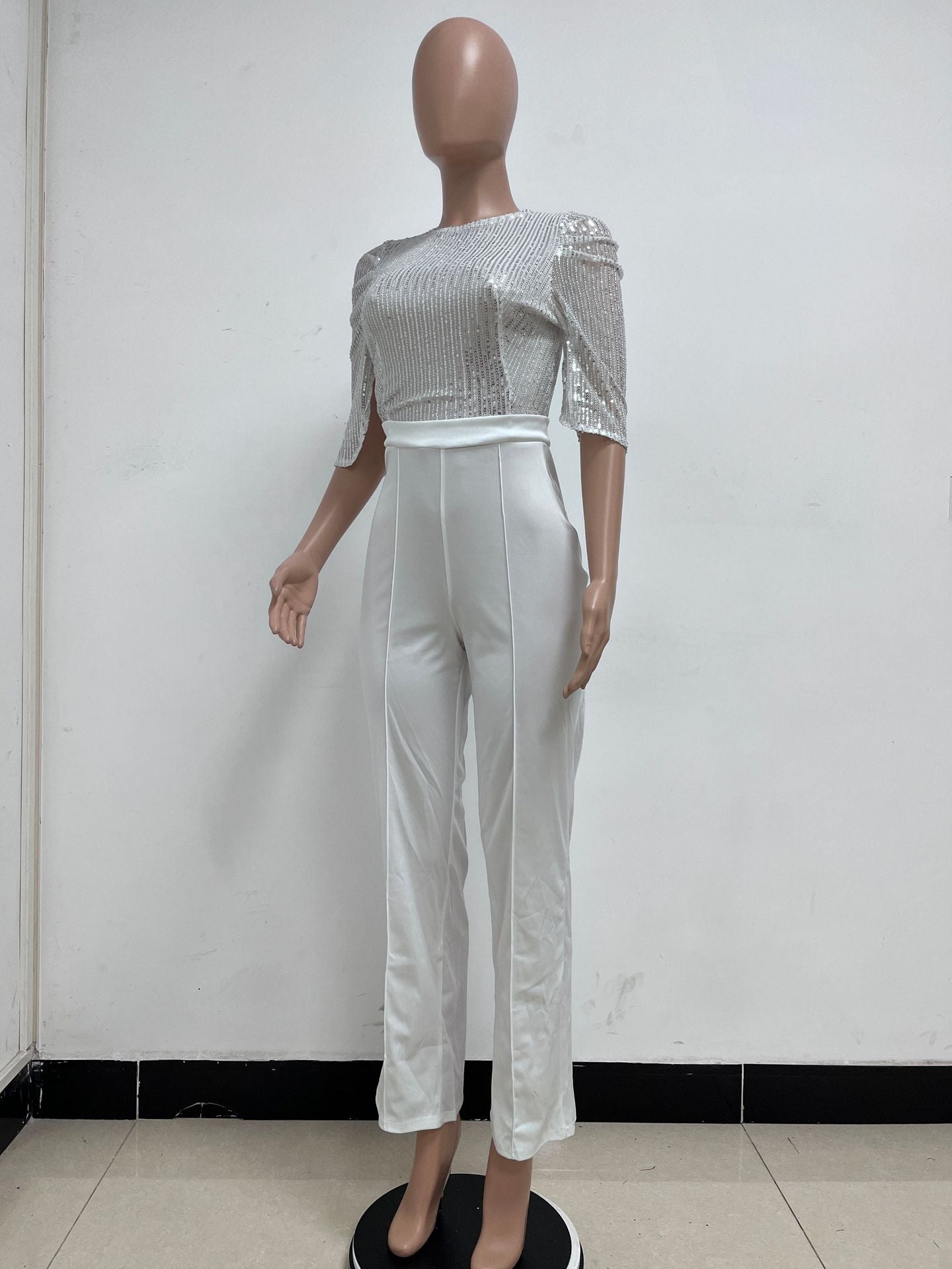 Women's Fashion Sequins Half Sleeve Wide-Leg Chic Ladies Jumpsuit 23