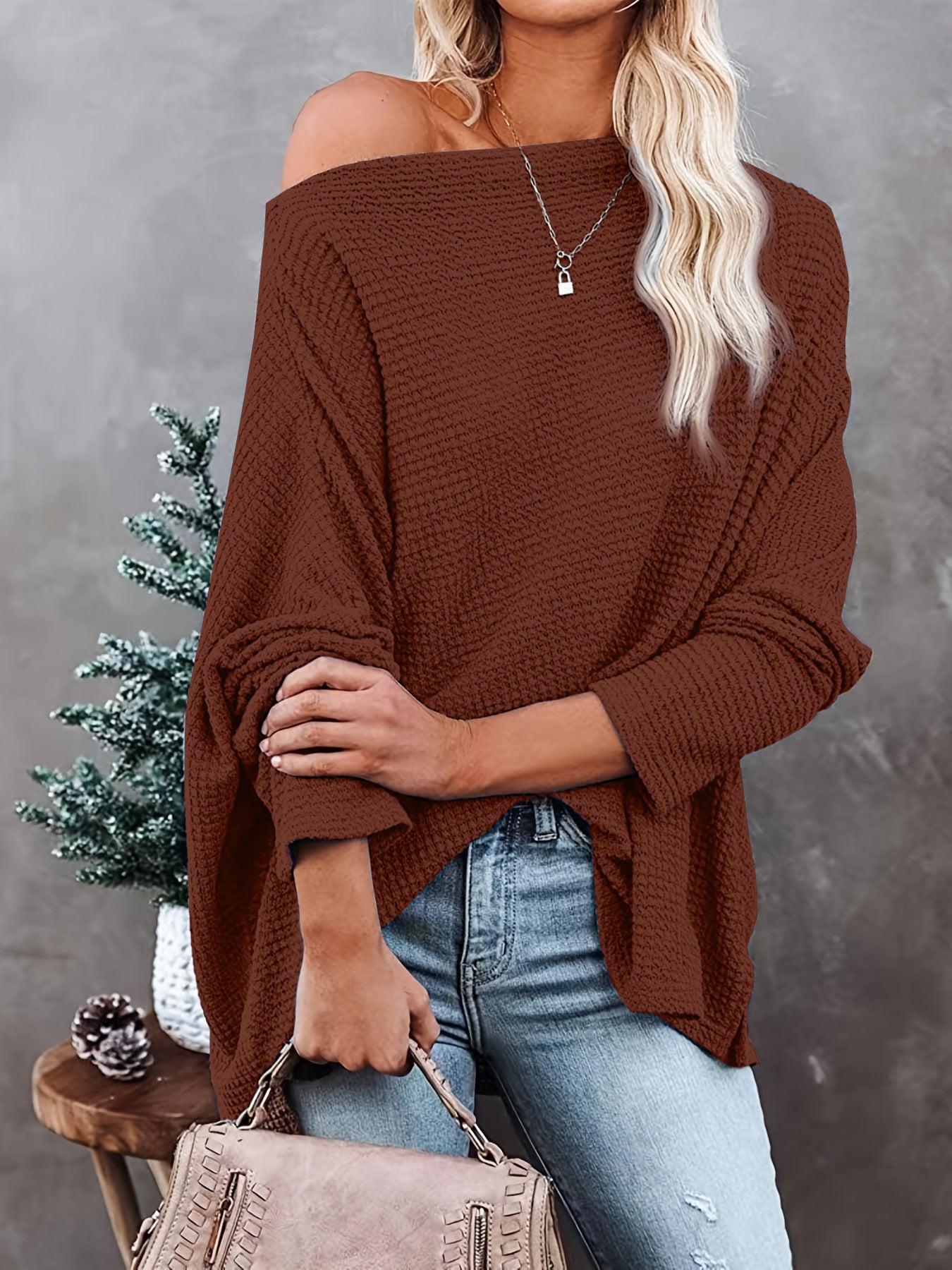 Women knitting waffle Slash Shoulder Top 23