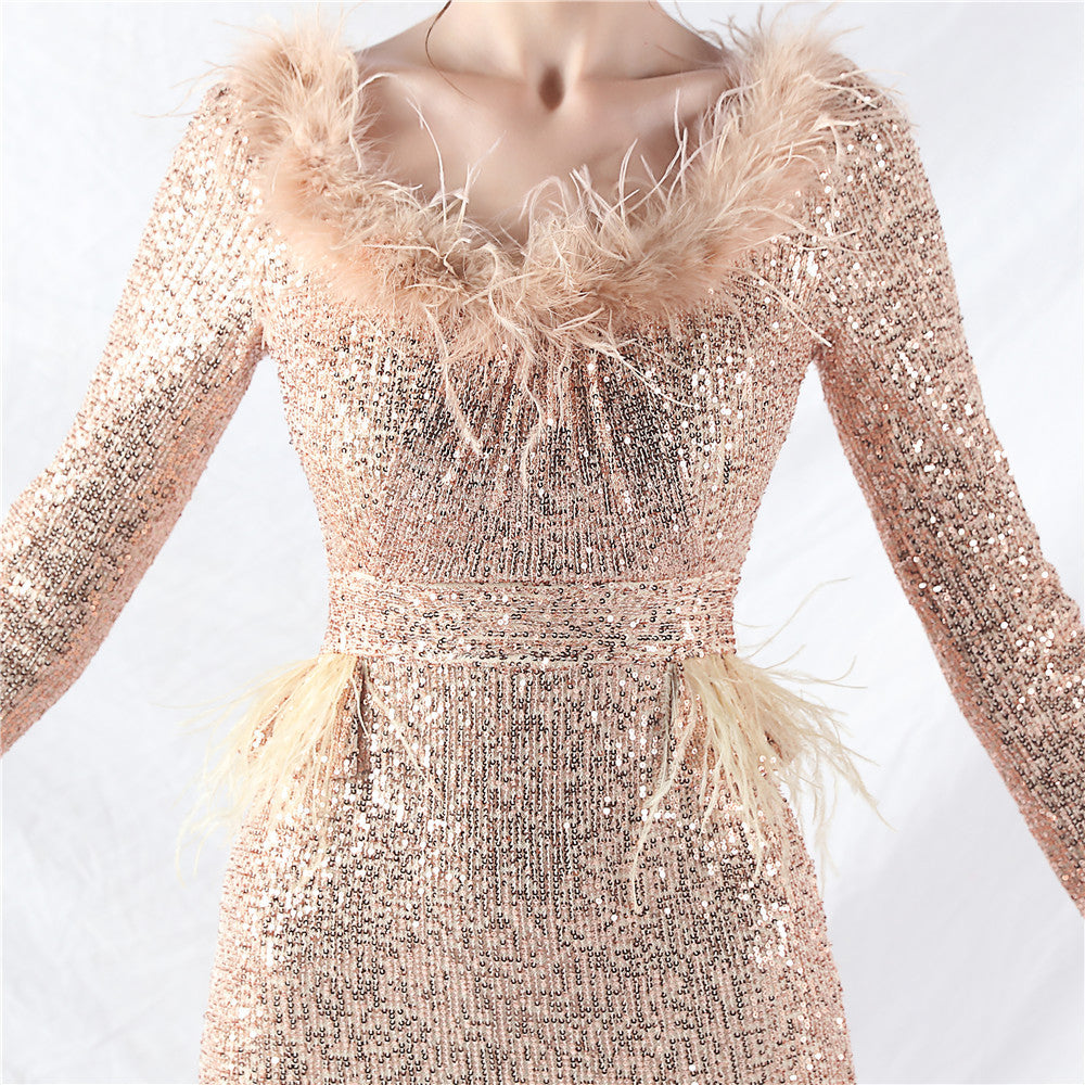 Women ostrich feather long-sleeved sequined evening dress 42