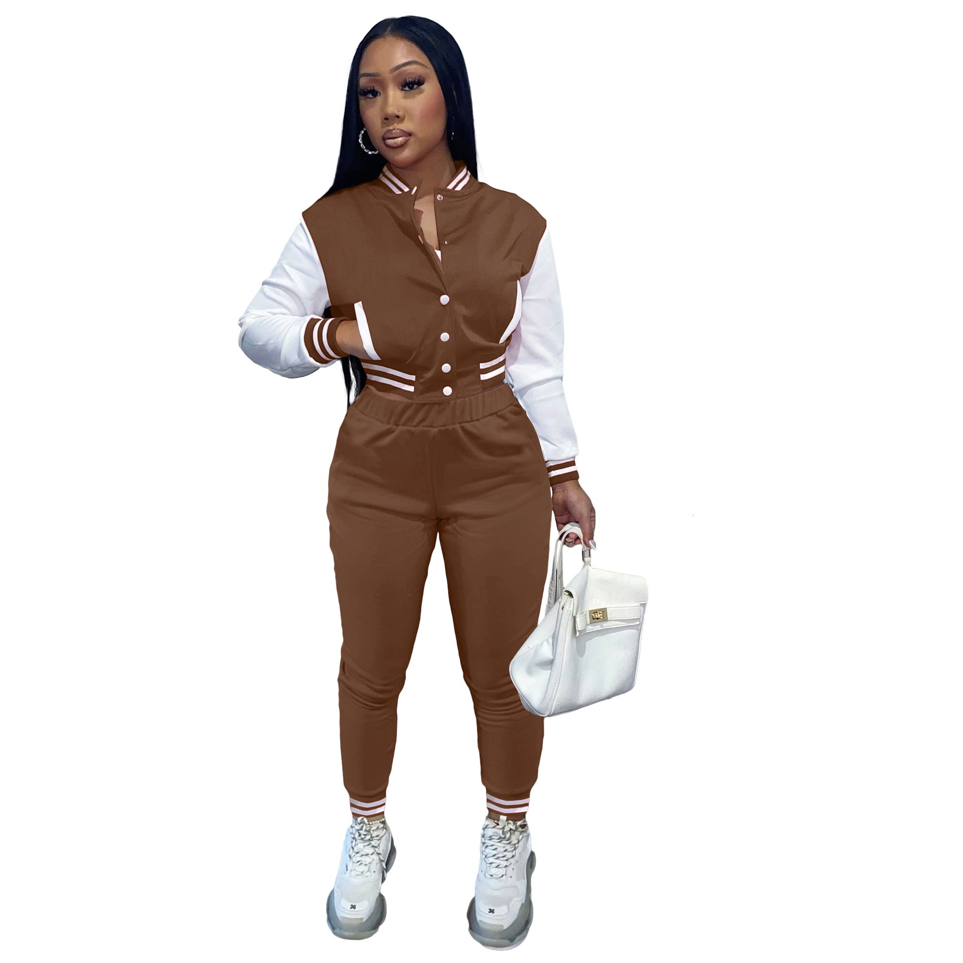 Women's Color Block Single Breasted Patchwork Long Sleeve Baseball Jersey Pants Two Piece Set For Women 18