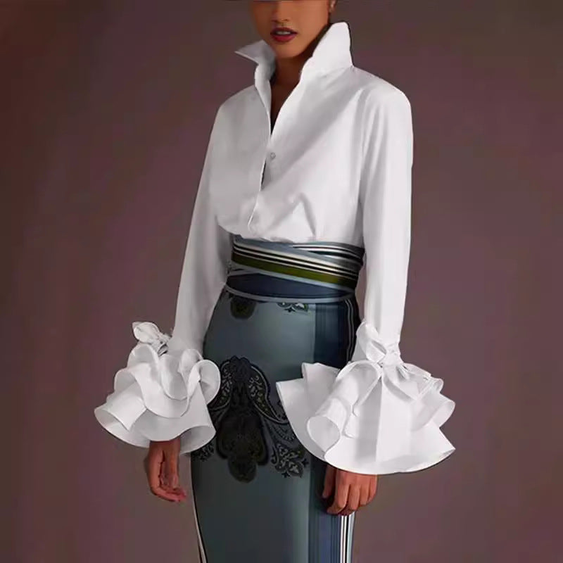 Autumn Women's Solid Color Slim Casual Ruffle Sleeve Shirt Top 4