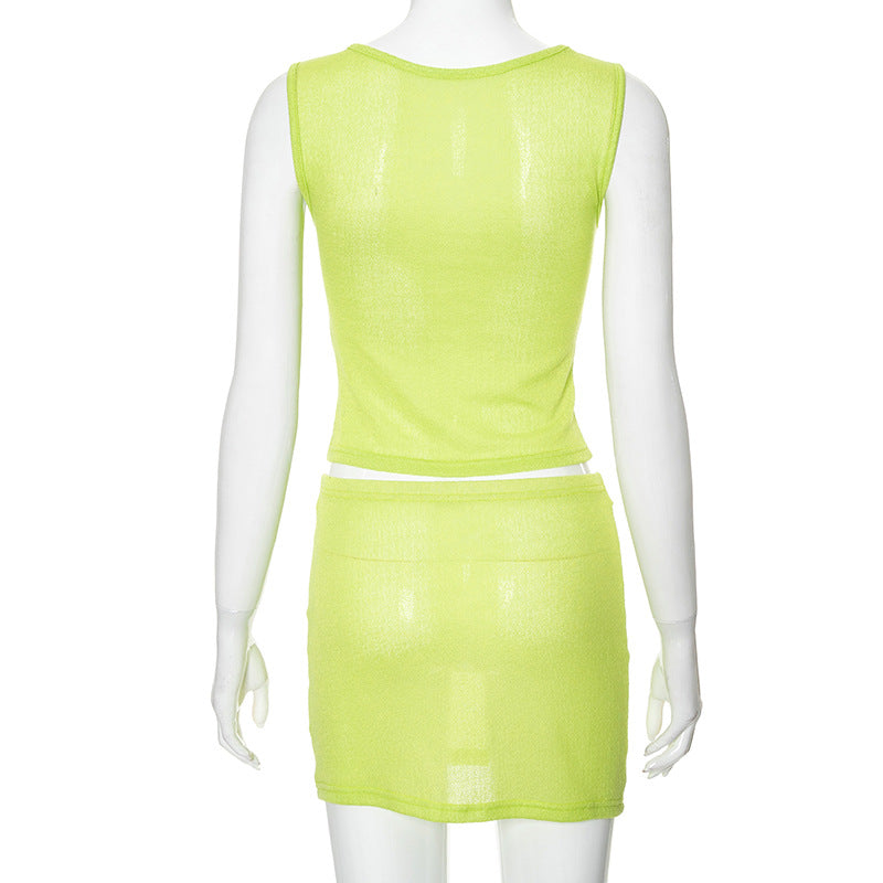 Women Summer Casual Solid Knot Sleeveless Tank Top And Bodycon Skirt Two-piece Set 8