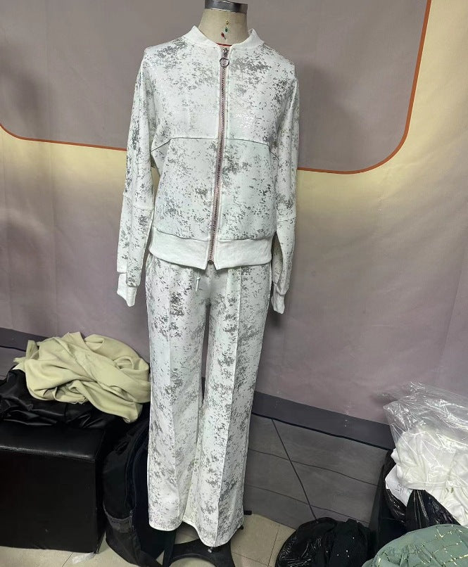 Women summer sequin print zipper casual top and pant two-piece set 17