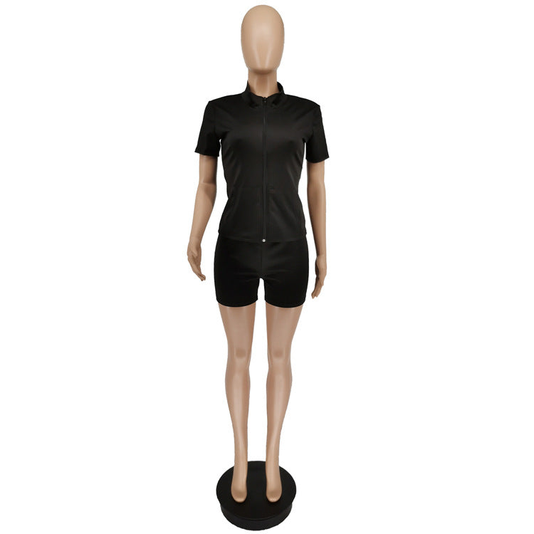 Women Summer Casual Solid Zipper Top and Shorts Two-Piece Set 22