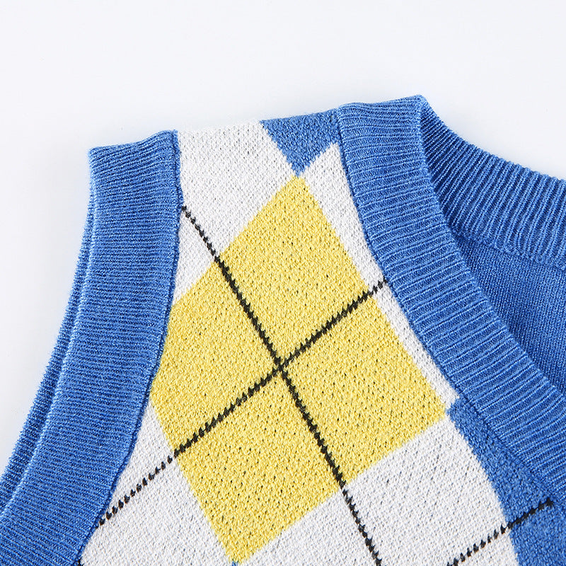 Women Solid Plaid Sleeveless V-Neck Sweater 51