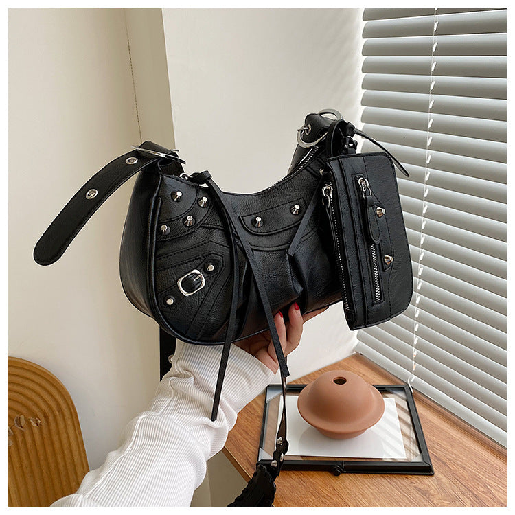 Diagonal pleated single shoulder women's retro rivet bag 67