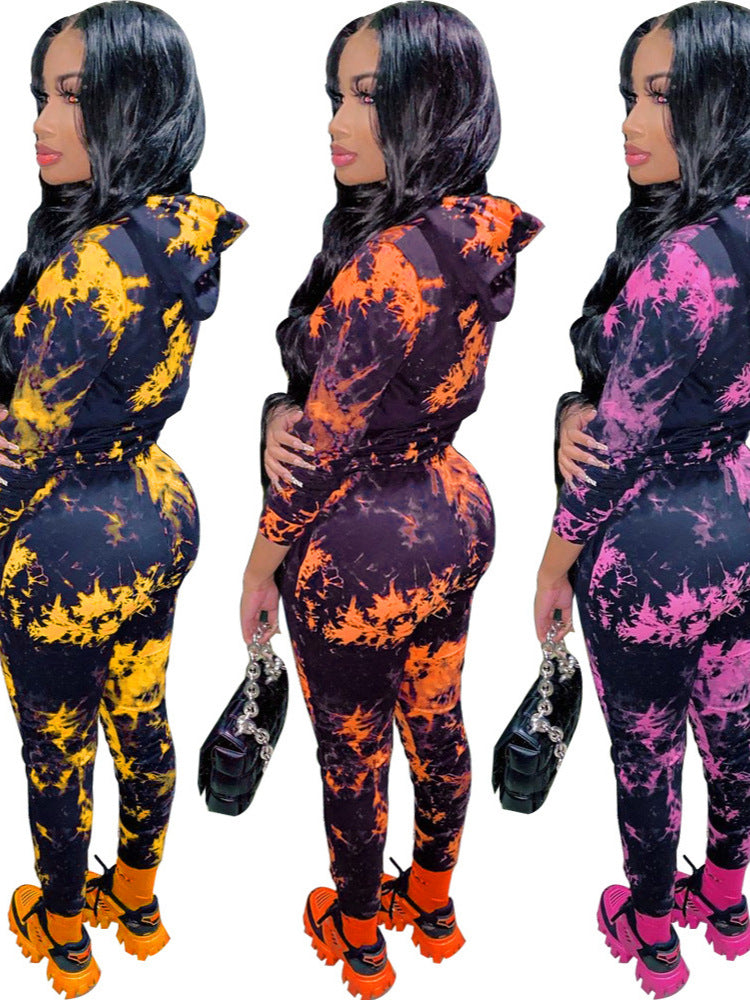 Women Fall/Winter Tie-Dye Hooded Top and Pant Two-Piece Set 5