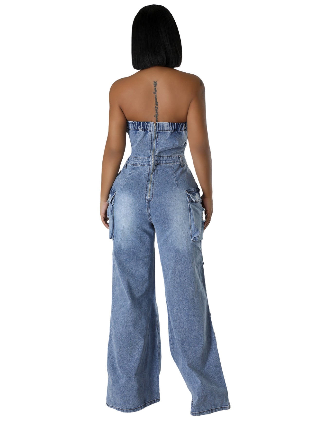 Women Casual Strapless Cargo Denim Jumpsuit 5