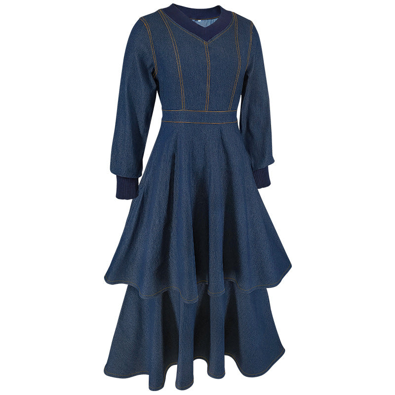 Women's Clothing Ribbed V-Neck Long Sleeve Denim Dress 7