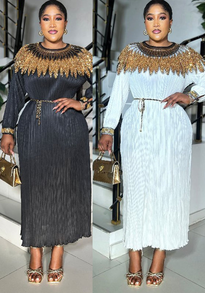 Luxury Sequin Cape Patch Slim Waist Pleated Loose Long Dress