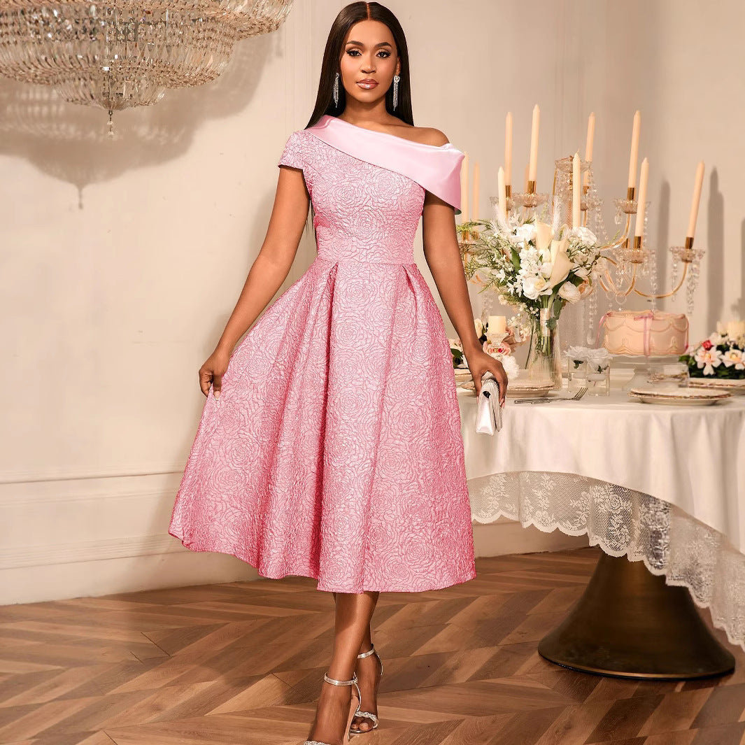 Women African Contrast Slash Shoulder Formal Party Dinner Dress