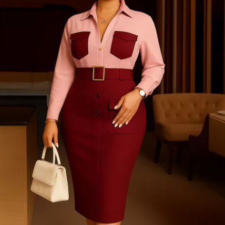 Women's Fashion Career Turndown Collar Color-Blocking Two-Piece Elegant Slim Waist Midi Skirt Set