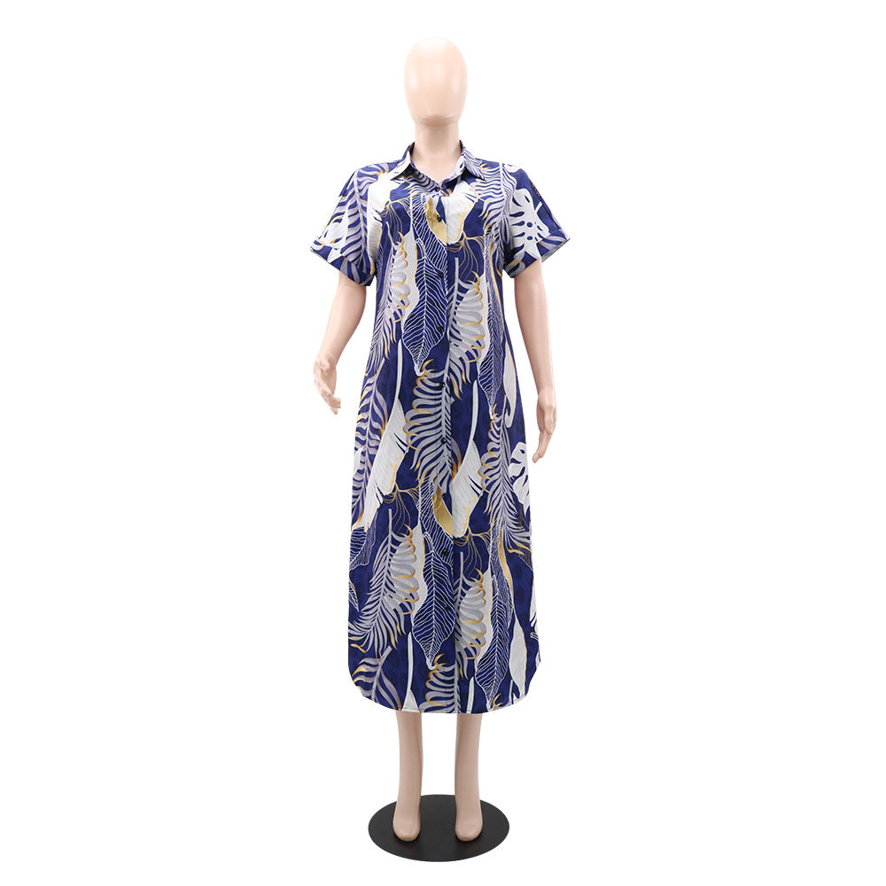 Women Printed Short Sleeve Beach Casual Shirt Long Dress 5