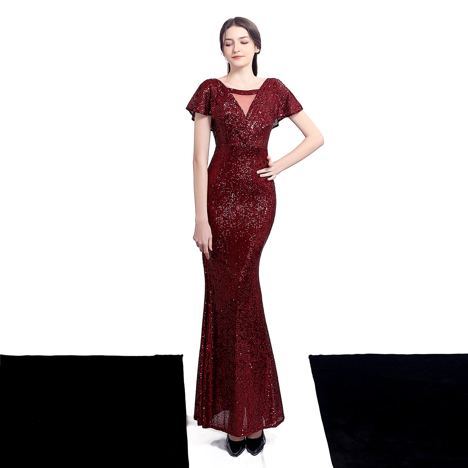 Women Short Sleeve Sequined Formal Party Elegant Mermaid Skirt Maxi Evening Dress 5