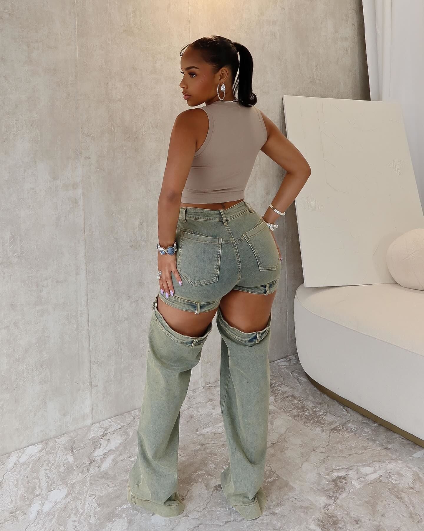 Women's Straight Street Fashion Washed Hollow Denim Pants 3