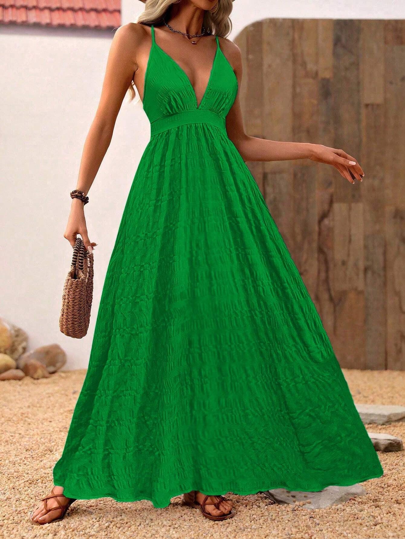 Summer Women's V-Neck Strap Low Back Sexy Beach Long Dress