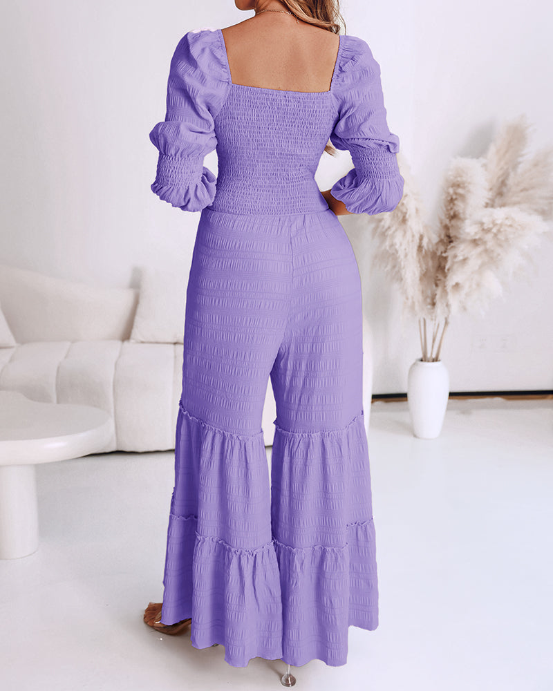Women Square Neck Drawstring Puff Sleeve Wide Leg Jumpsuit 8