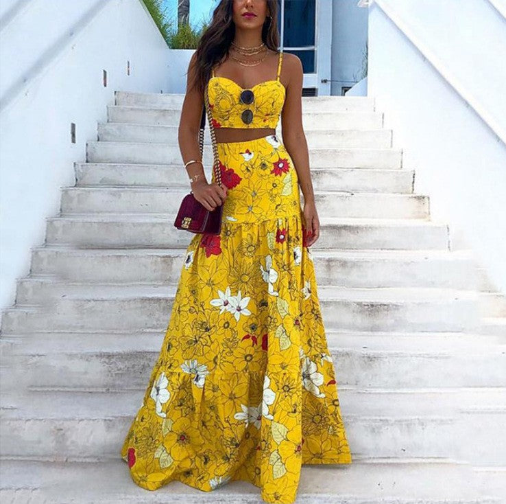 Spring Summer Printed Strap Two-Piece Skirt Set