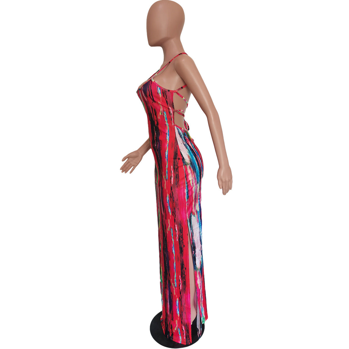 Women's Tie Dye Print Sling Low Back Slit Dress 19