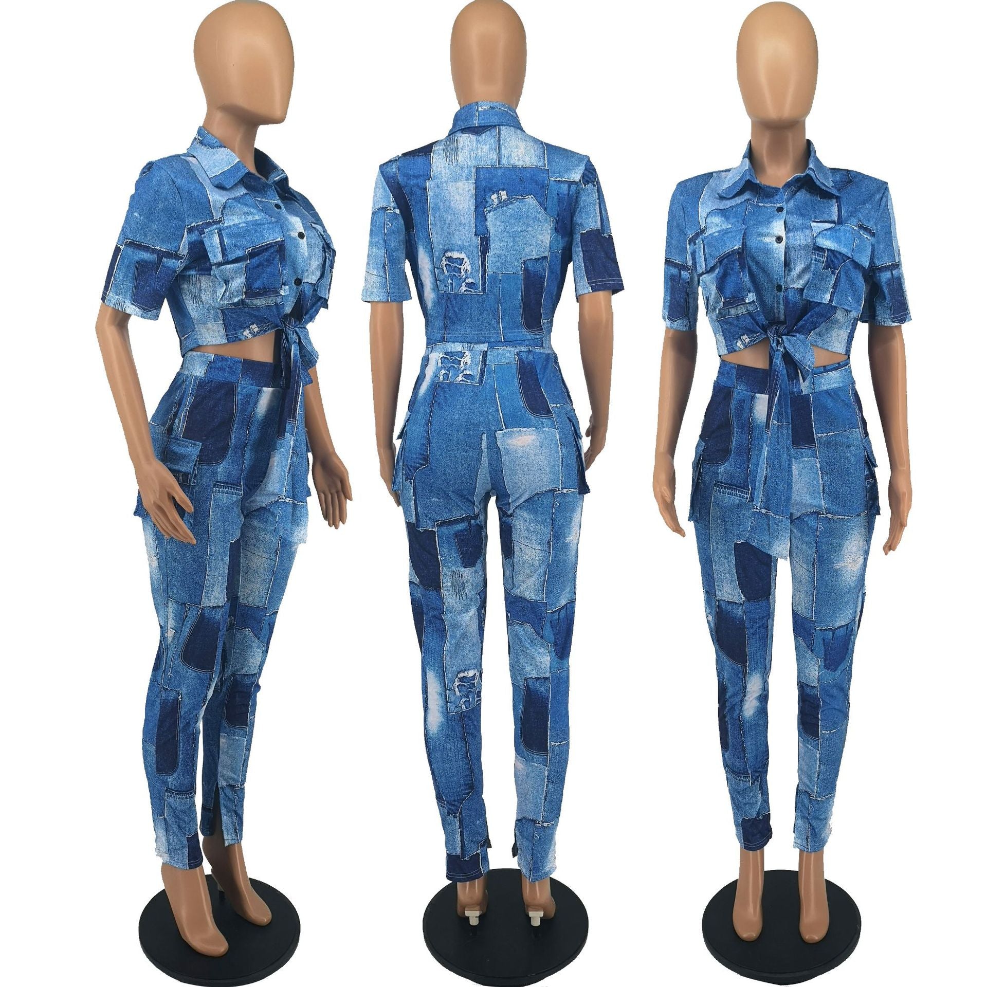 Women Fall Winter Fashion Print Cargo Style Casual Two-Piece Pants Set 16