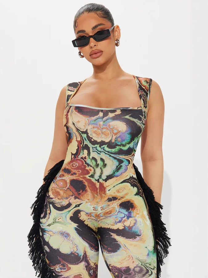 Women spring Summer sexy sling tassel lace print Jumpsuit 6