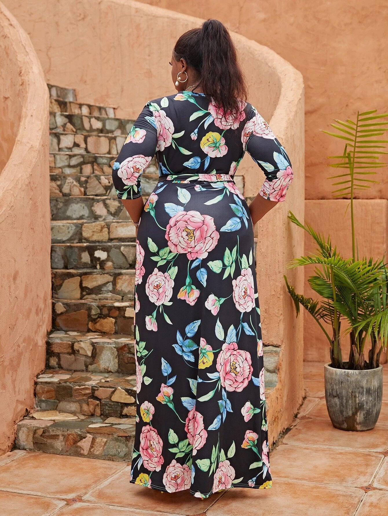Plus Size Women's V-Neck Three-quarter Sleeve Bohemian Beach Long Dress 7