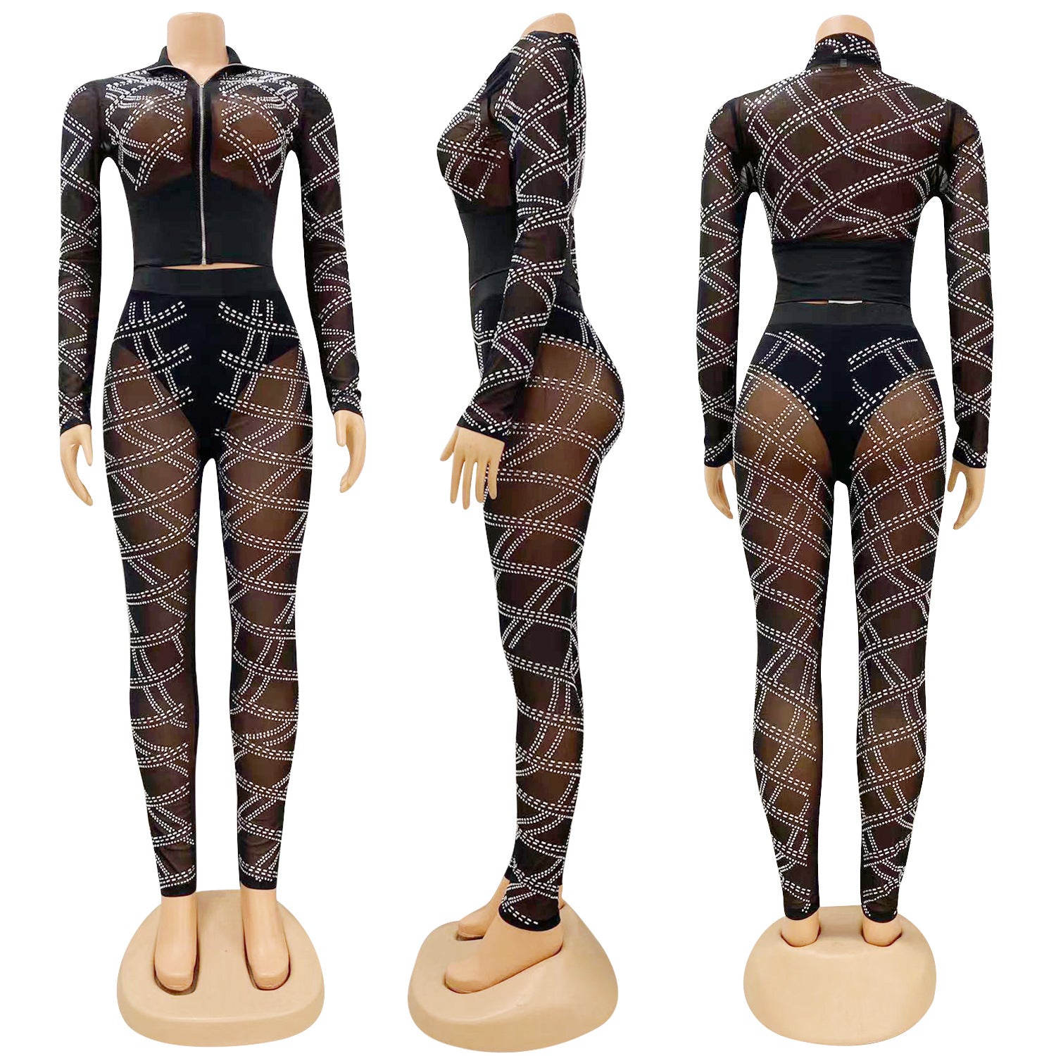 Summer Women's Sexy Beaded Mesh Nightclub Long Sleeve Two-Piece Pants Set For Women 12