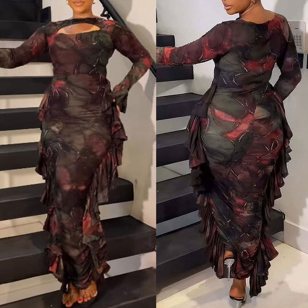 Women Irregular Print Ruffle Edge Stretch Hollow Long Sleeve Bodycon Dress 3