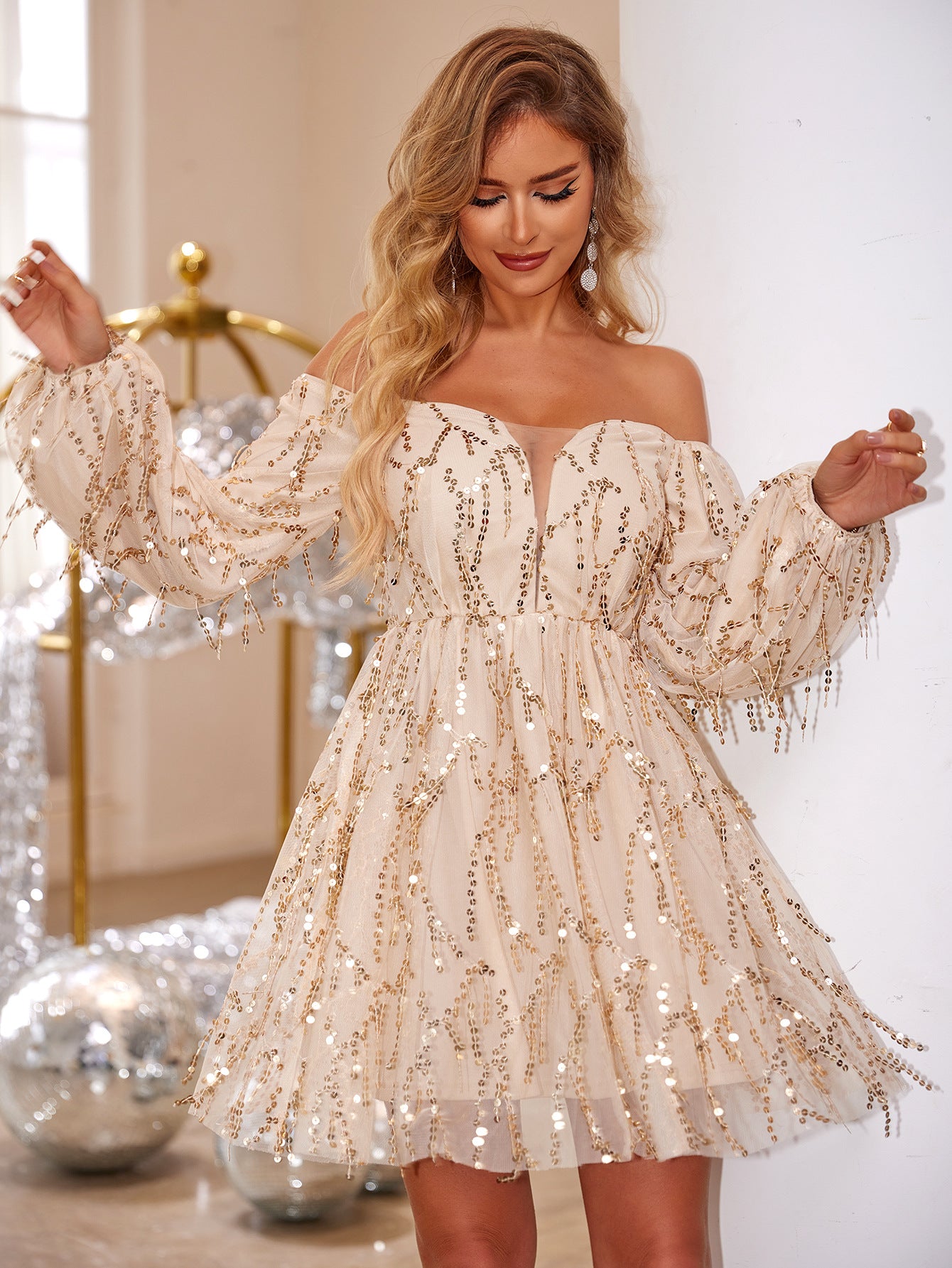 Women's Sequin Off Shoulder Long Sleeve Elegant Party Dress