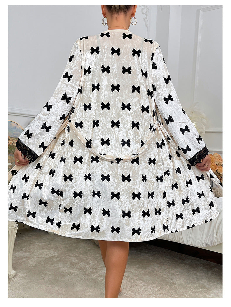 Women Velvet Nightgown Sexy Suspender Lace Bathrobe Nightgown Two-Piece Set 4