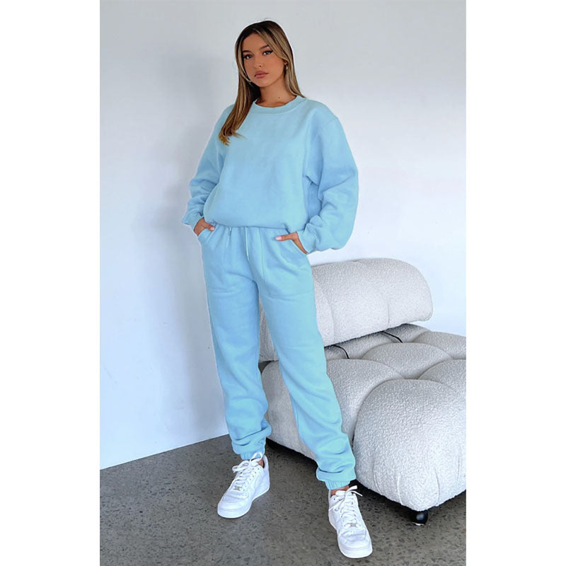 Solid Color Fleece Round Neck Pullover Long Sleeve Hoodies Fashionable Casual Pants Set 3