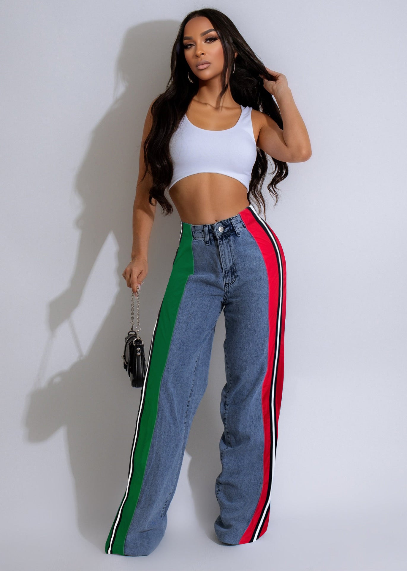 Women's Fashion Patchwork Striped Contrast Denim Pants Casual Straight Pants 14